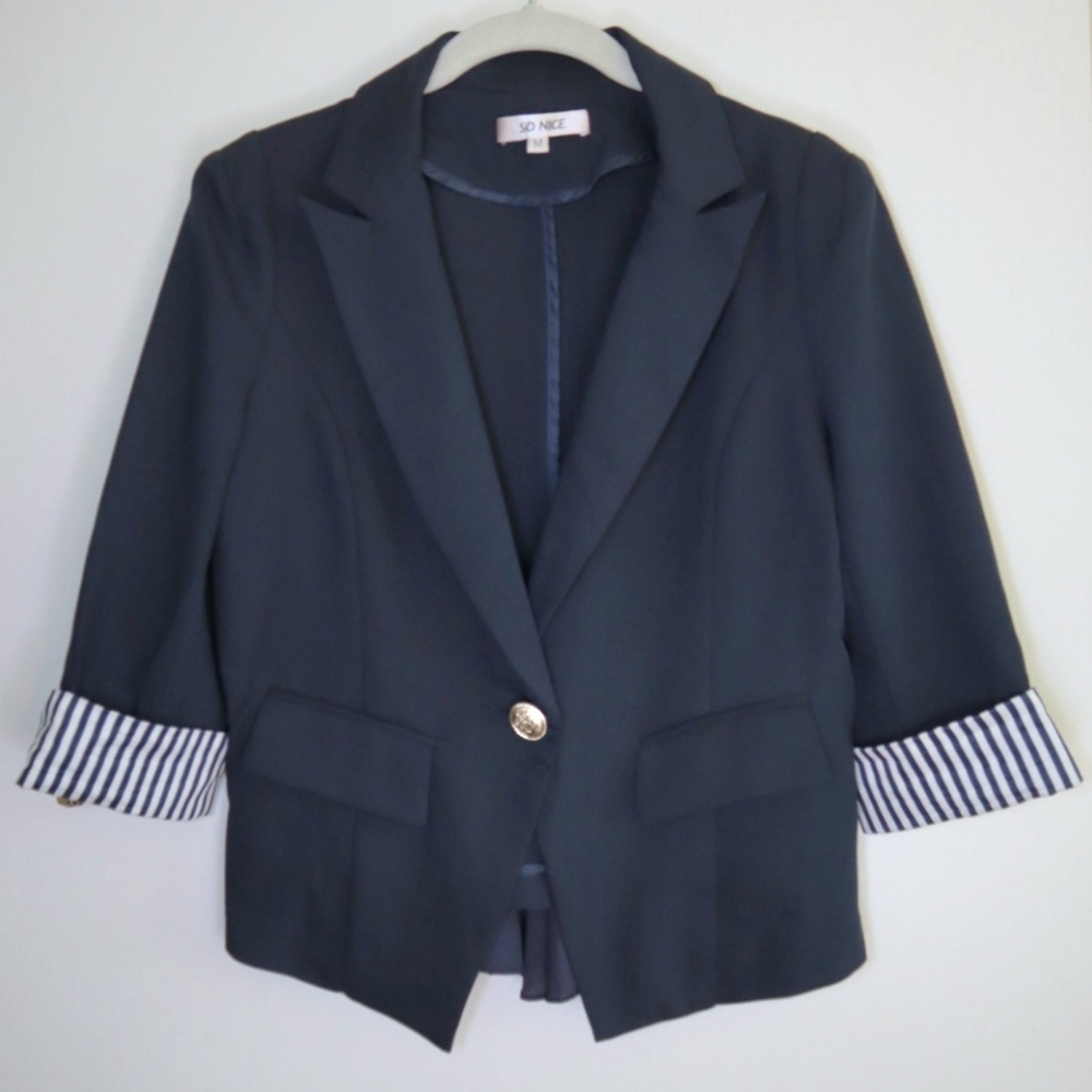 New SO NICE quarter sleeve pleated back blazer jacket Navy blue sz M